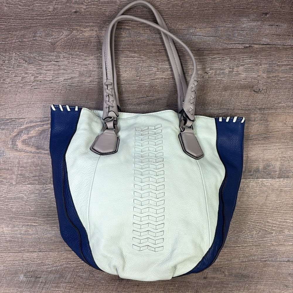 orYANY LYSSIE Braided Leather Shopper Tote Shoulder Bag -Aqua / Royal Blue